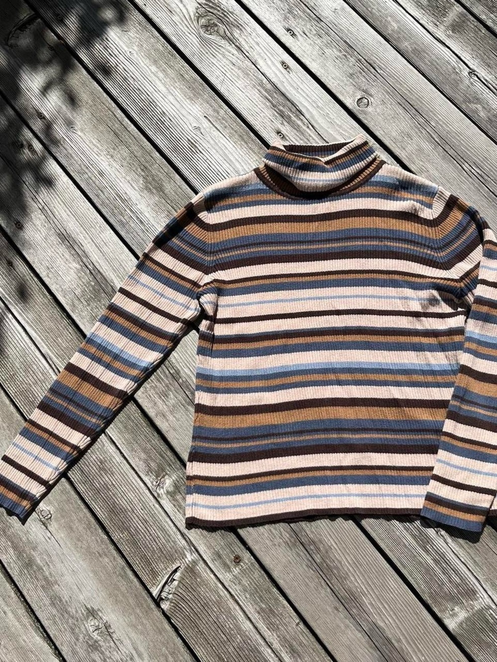 Petite Sophisticate brown/blue striped turtleneck